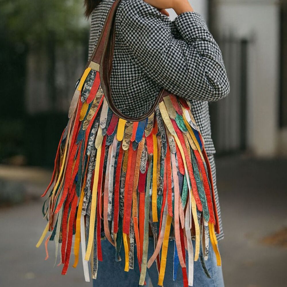 Colorful Tassel Leather Shoulder Bucket Bag, Large Capacity Crossbody Purse